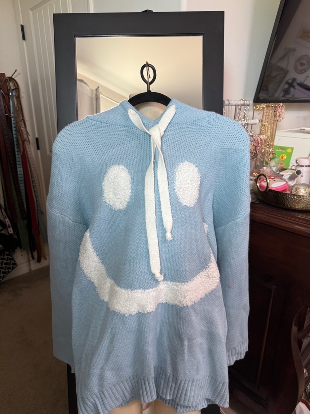 Cozy Blue Smiley Hoodie Sweater - Light Blue & White- size (generous) Small